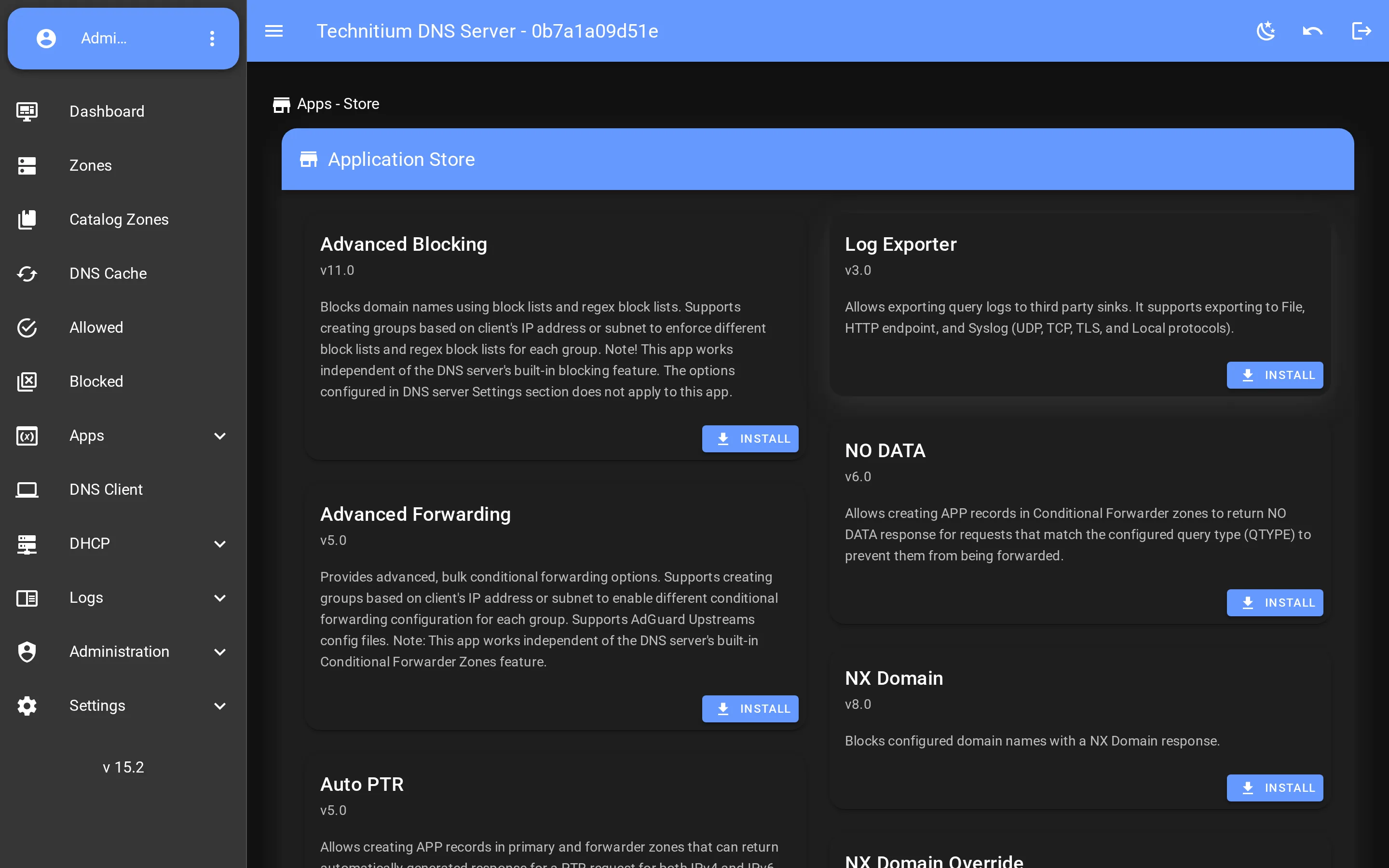 Technitium DNS Server — Apps — browse the store and configure DNS Apps (VueTechnitium console)