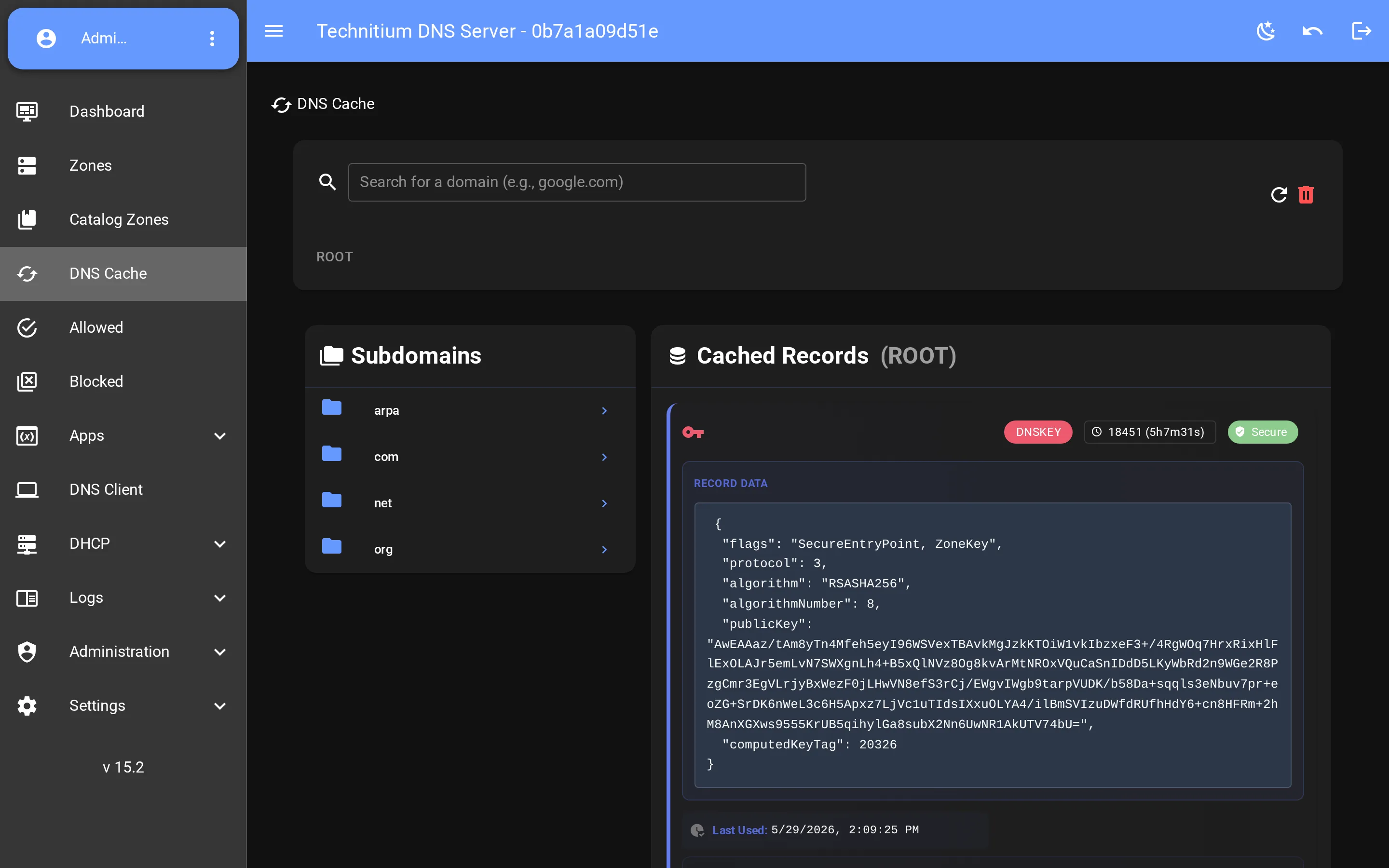 Technitium DNS Server — Cache — inspect, search and flush cached responses (VueTechnitium console)