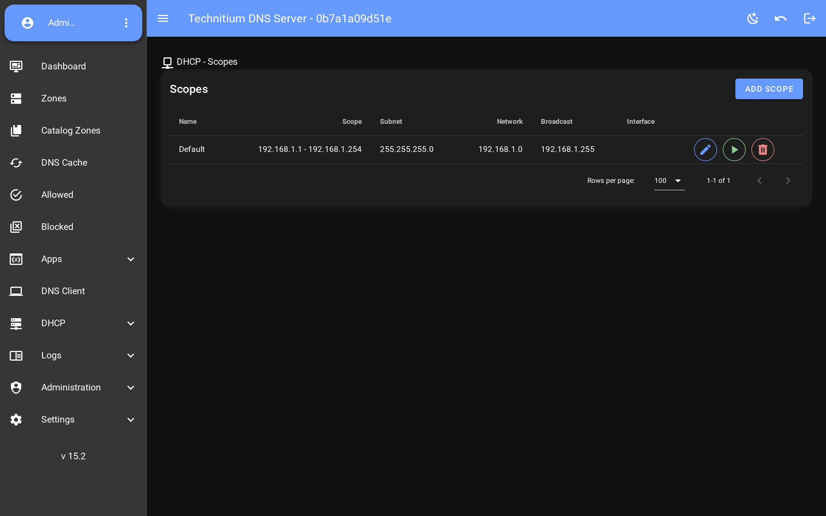 Technitium DNS Server — DHCP — scopes and live leases (VueTechnitium console)
