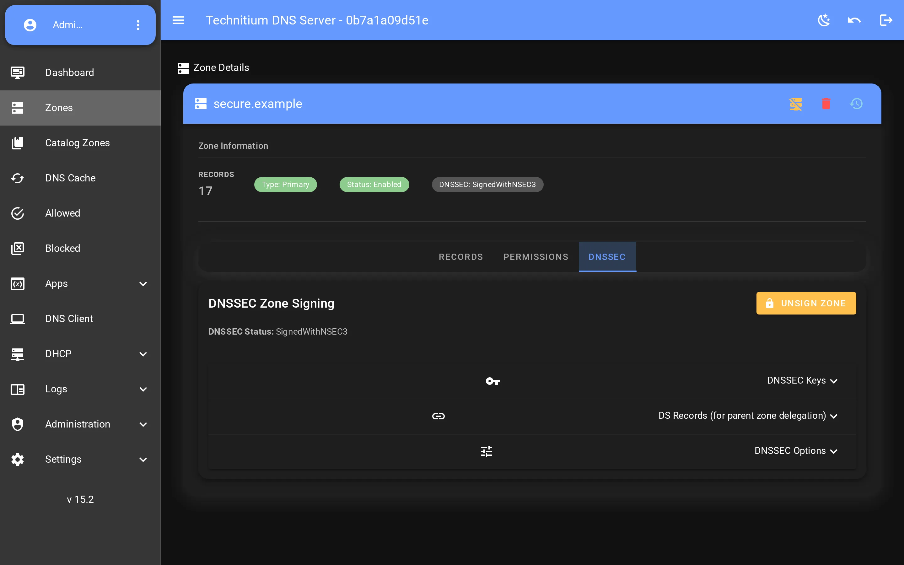 Technitium DNS Server — DNSSEC — sign zones and manage KSK / ZSK keys (VueTechnitium console)