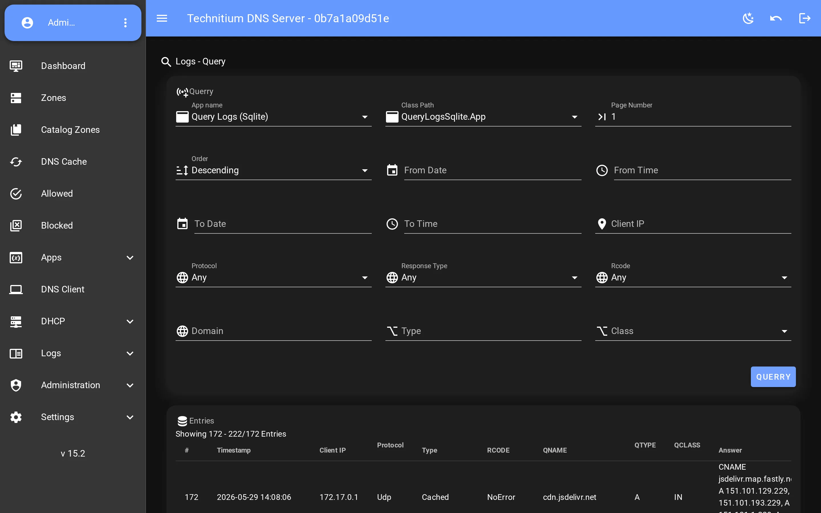Technitium DNS Server — Logs — query logs with powerful filters (VueTechnitium console)
