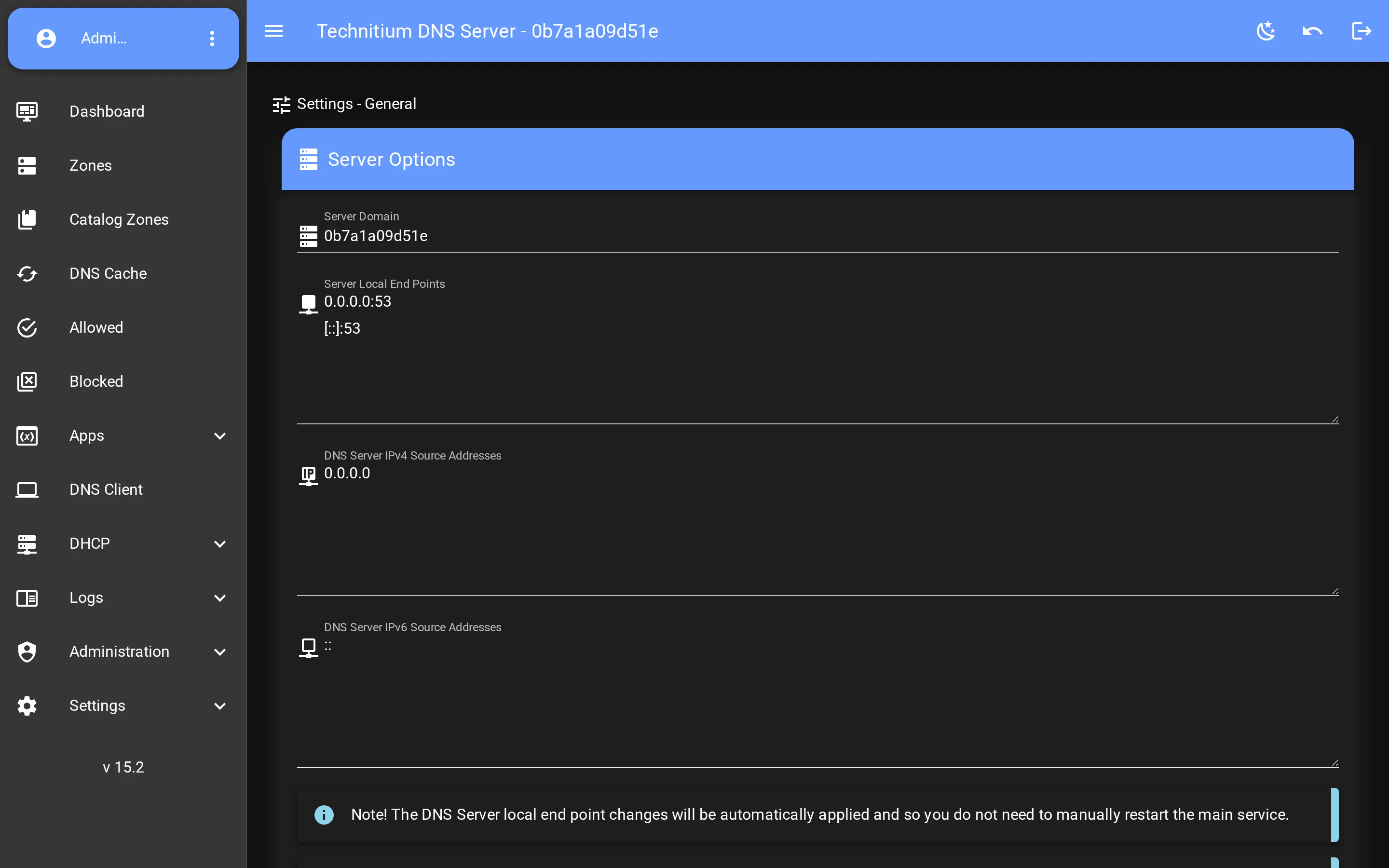 Technitium DNS Server — Settings — every server option, reorganised (VueTechnitium console)